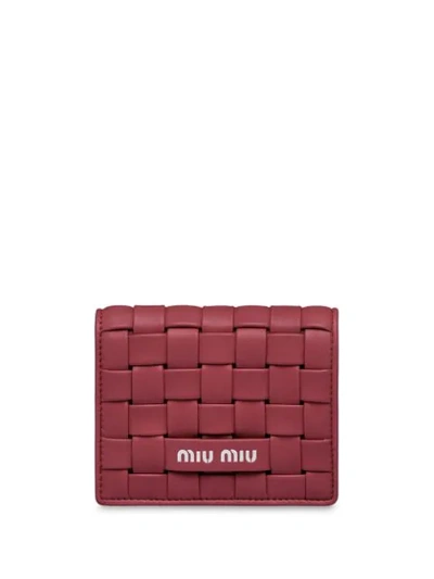 Shop Miu Miu Small Woven Tri-fold Wallet In Red