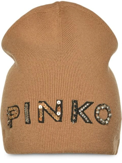 Shop Pinko Logo-embellished Beanie In Brown