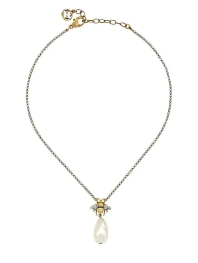 Shop Gucci Bee Drop Pearl Charm Necklace In Silver