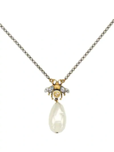 Shop Gucci Bee Drop Pearl Charm Necklace In Silver