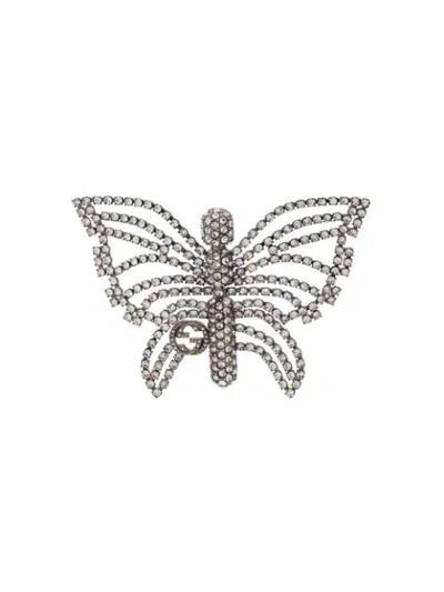 Shop Gucci Butterfly Embellished Brooch In Silver