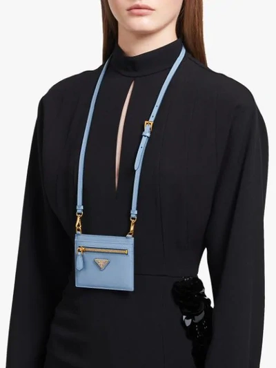 Shop Prada Shoulder Strap Card Holder In Blue