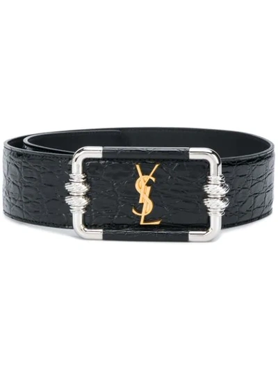 Saint Laurent Monogram Croc-effect Leather Belt In Black