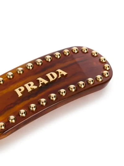 Shop Prada Lettering Logo Studded Hair Clip In Brown