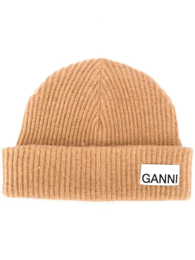 Shop Ganni Recycled Wool Ribbed-knit Hat In Neutrals
