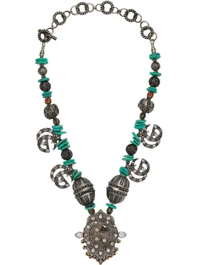 Shop Gucci Beaded Gg Marmont Necklace In Silver
