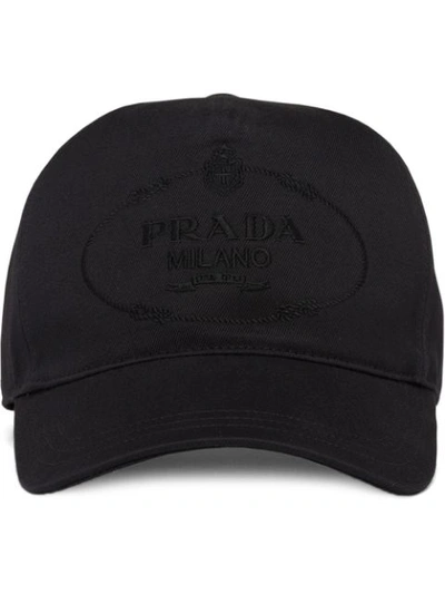 Shop Prada Embroidered Logo Baseball Cap In Black