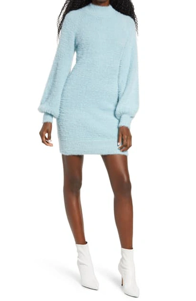 Shop Bardot Long Sleeve Fuzzy Sweater Minidress In Dusty Blue