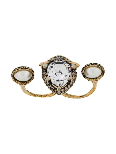 Shop Alexander Mcqueen Crystal Embellished Double Ring In Gold