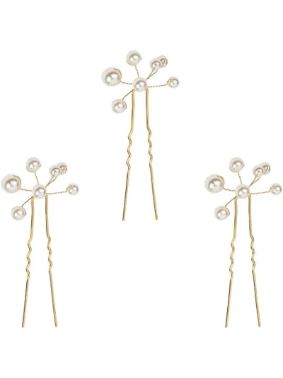 Shop Jennifer Behr Three-pack Primavera Pearl-detail Hairpins In Gold