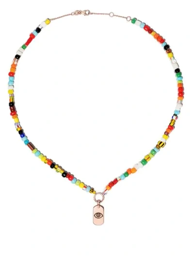 Shop Diane Kordas 14kt Rose Gold Mini Id Rainbow Beaded Necklace In Pink