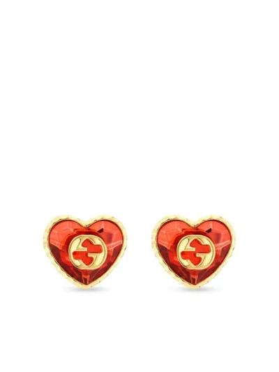 Shop Gucci Interlocking G Crystal Heart Earrings In Red