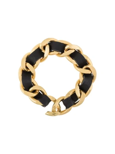 Pre-owned Chanel 1995 Chain And Leather Bracelet In Gold