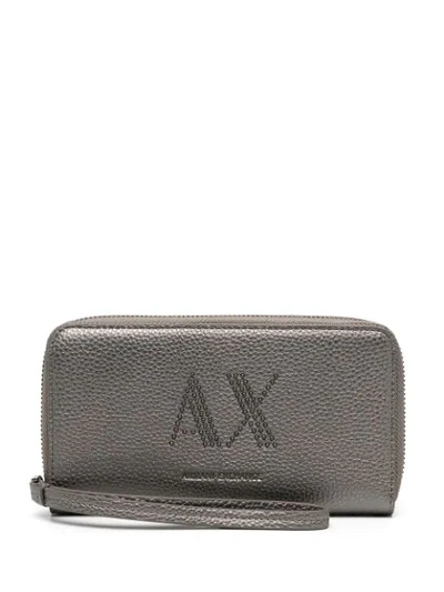 Shop Armani Exchange Grained Studded-logo Wallet In Silver