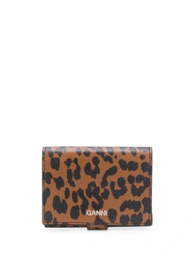 Shop Ganni Leopard-print Folding Wallet In Brown