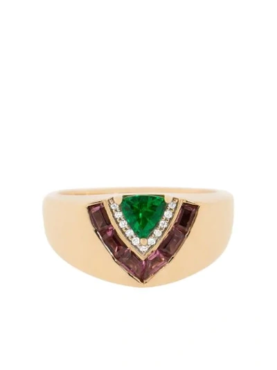 Shop Emily Wheeler 18kt Rose Gold, Emerald, Pink Sapphire And Diamond Tiered Signet Ring In Green