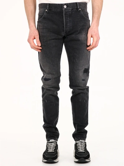 Shop Balmain Slim Jeans In Gray Denim In Black