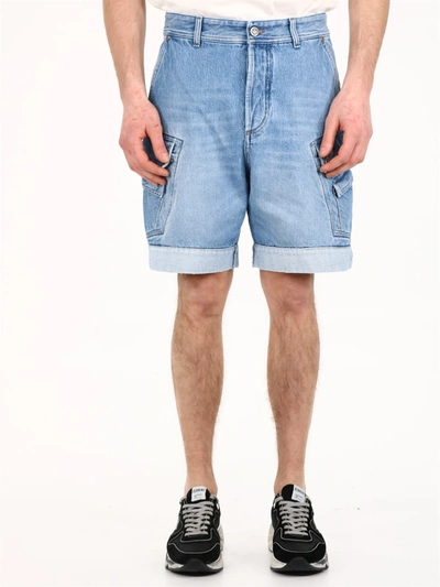 Shop Balmain Denim Cargo Shorts In Light Blue