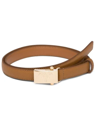 Shop Prada Engraved Logo Buckle Belt In Brown