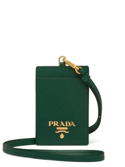 Shop Prada Leather Badge Holder In Green