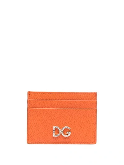 Shop Dolce & Gabbana Rhinestone Logo Cardholder In Orange