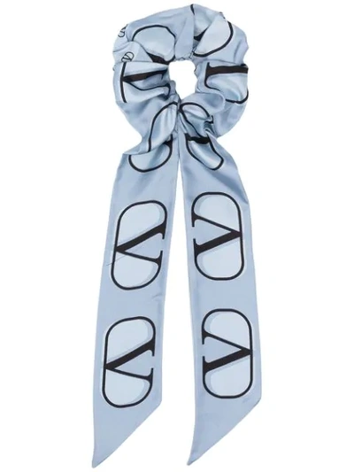 Shop Valentino Vlogo-print Silk Hair Tie In Blue