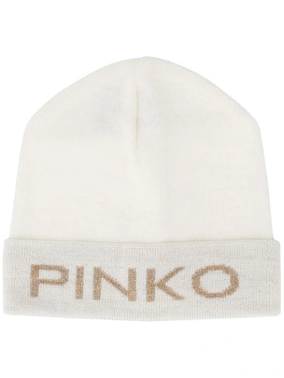 Shop Pinko Jacquard Logo Beanie Hat In White