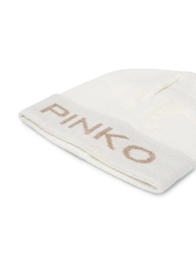 Shop Pinko Jacquard Logo Beanie Hat In White