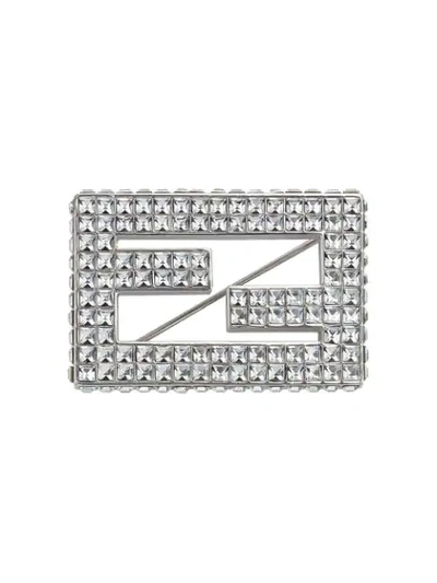 Shop Fendi Logo Crystal Brooch In Silver