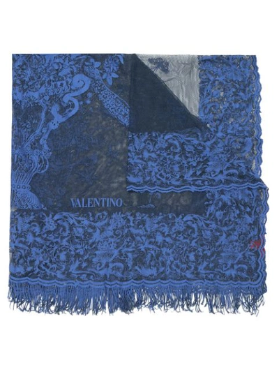 Shop Valentino Floral-pattern Fringed Scarf In Blue