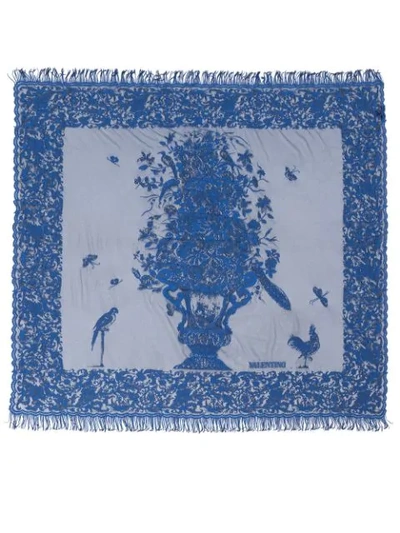 Shop Valentino Floral-pattern Fringed Scarf In Blue