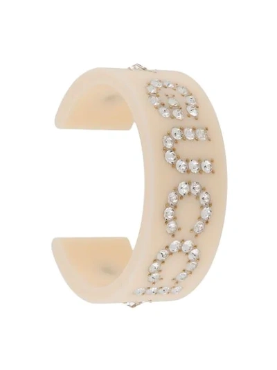 Shop Gucci Crystal Detailed Cuff Bracelet In Neutrals