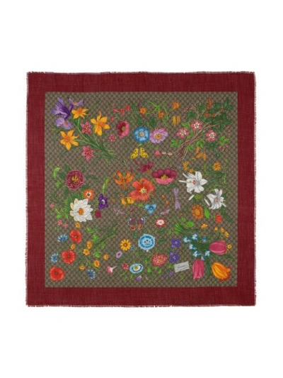 Shop Gucci Flora Print Scarf In Brown