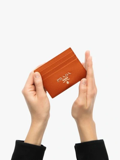 Shop Prada Saffiano Logo Plaque Card Holder In Orange