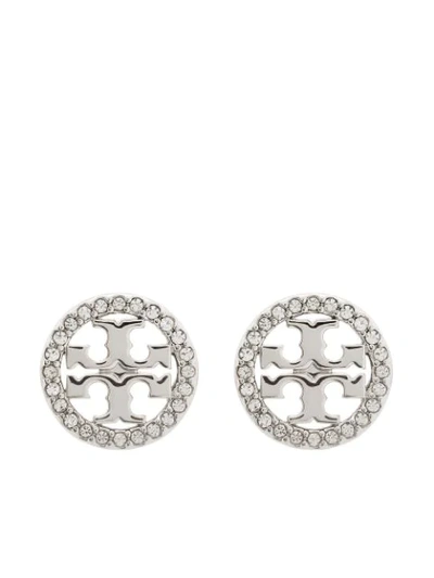 Shop Tory Burch Miller Logo-crystal Earrings In Silver