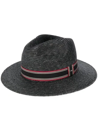 Shop Saint Laurent Stripe Ribbon Panama Hat In Black