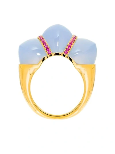 Shop Guita M 18kt Yellow Gold, Carved Blue Chalcedony And Ruby Ring