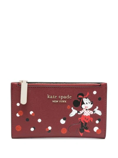 Shop Kate Spade Minnie Mouse-print Logo-plaque Wallet In Red