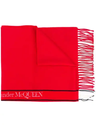 Shop Alexander Mcqueen Logo-motif Fringed Scarf In Red