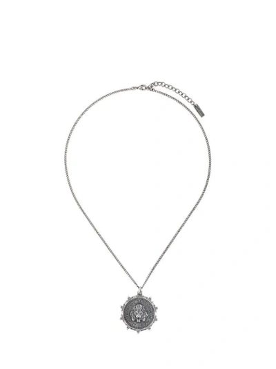 Shop Saint Laurent Lion Medallion Pendant Necklace In Silver