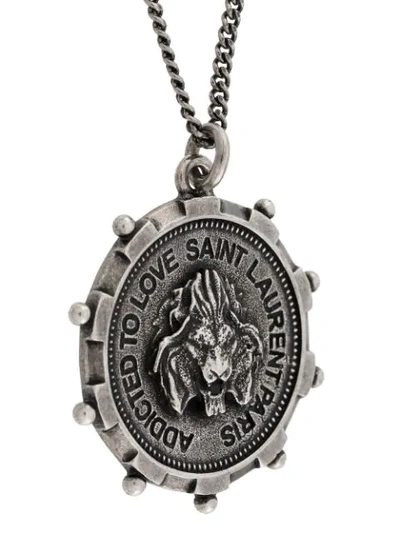 Shop Saint Laurent Lion Medallion Pendant Necklace In Silver