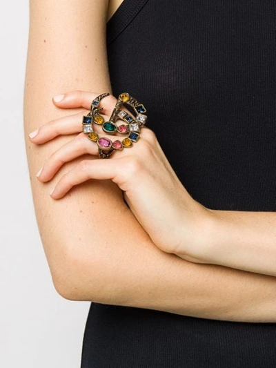 Shop Gucci 2019 Embellished Gg Double Ring In Brown