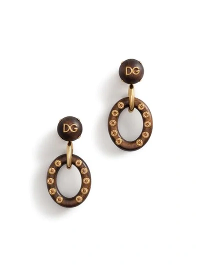 Shop Dolce & Gabbana Logo Plaque Wooden Hoop Earrings In Brown