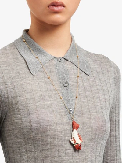 Shop Prada Knitted Fish Pendant Necklace In White