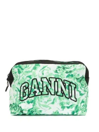 Shop Ganni Floral Logo Embroidered Make-up Bag In Green