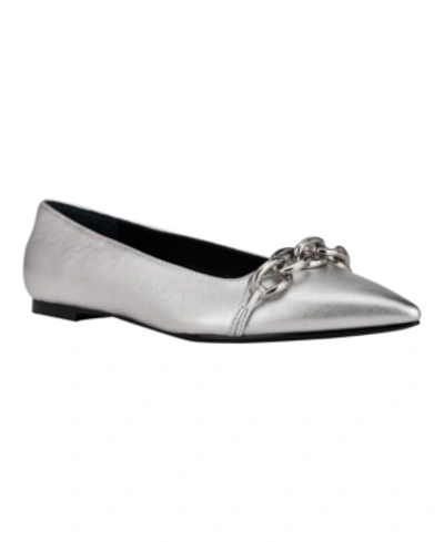 Shop Calvin Klein Women's Arla Chunky Chain Pointy Toe Dress Flats Women's Shoes In Silver