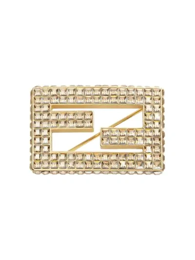Shop Fendi Crystal Logo Brooch In Gold