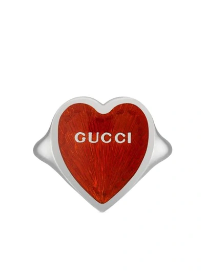 Shop Gucci Lettering Logo Heart Ring In Silver ,red