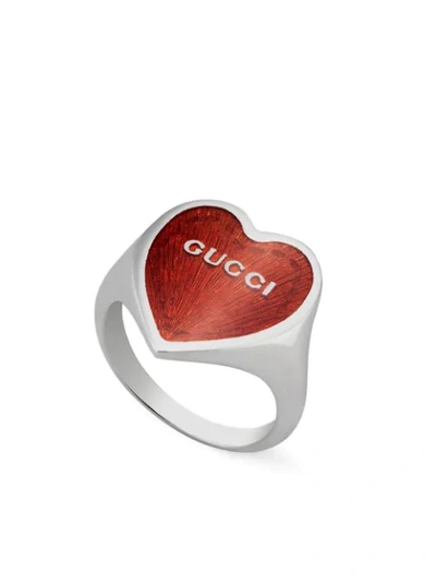 Shop Gucci Lettering Logo Heart Ring In Silver ,red