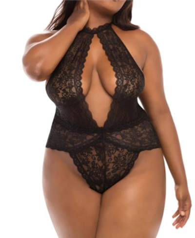 Shop Oh La La Cheri Women's Plus Size Lingerie Soft Lace Collared Teddy With Front Keyhole And Open Back In Black